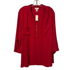 JaclynSmith Collection Red Long Sleeve V-Neck Top With Zipper Detail & Two Front